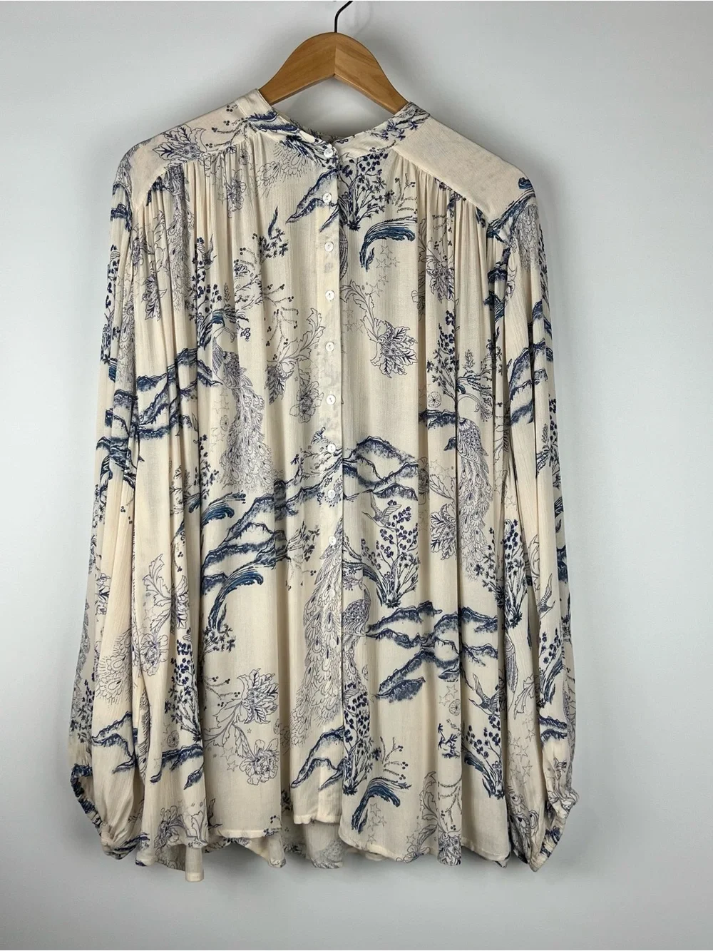 NWOT Free People Metallic Blooms Oversized Boho Floral Blouse Cream Blue Size M